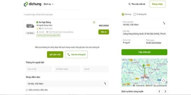 Giao diện chọn chuyến xe sân bay của Đi Chung