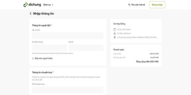 Điền thông tin cá nhân của bạn để đặt xe đi sân bay
